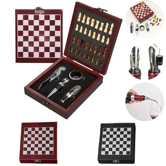 Wine Accessories & Chess Set in Black Wooden Box