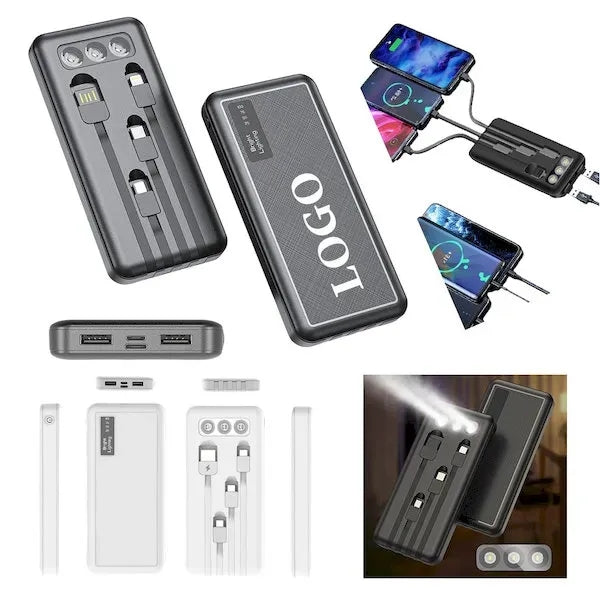 Slim 10000mAh Power Bank with 4 Cables & Light