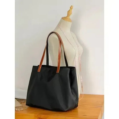 Leather Nylon Shoulder Tote Bag