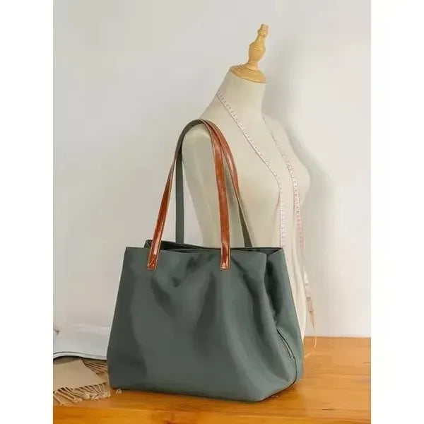 Leather Nylon Shoulder Tote Bag