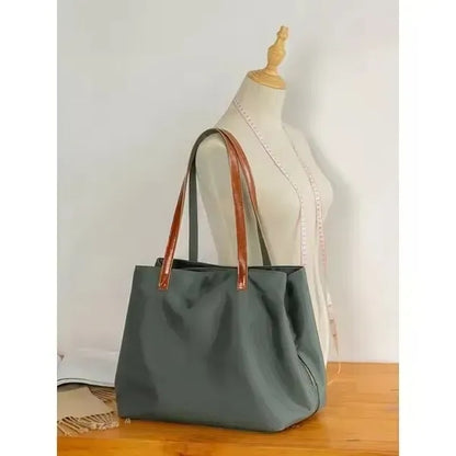Leather Nylon Shoulder Tote Bag