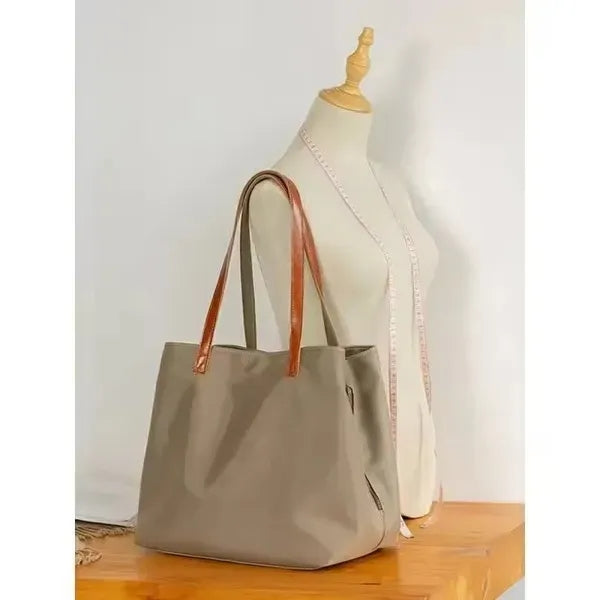 Leather Nylon Shoulder Tote Bag