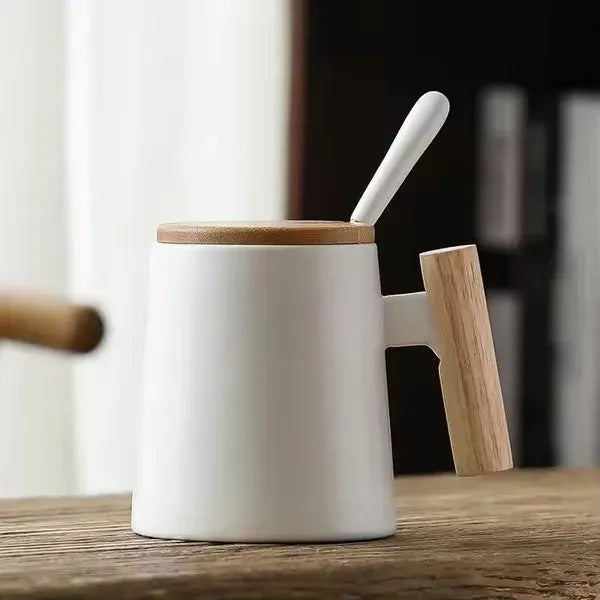 14oz Ceramic Mug Cup With Wooden Handle