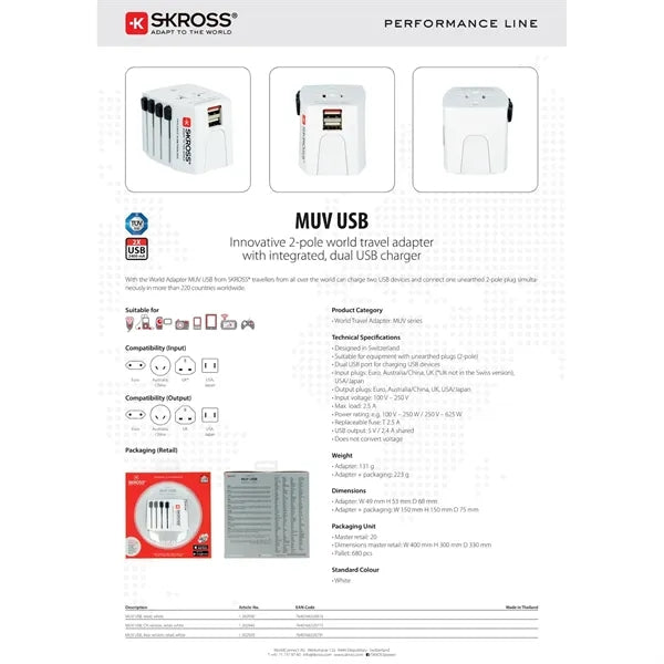 SKROSS World Travel Adapter MUV USB Type A & Type