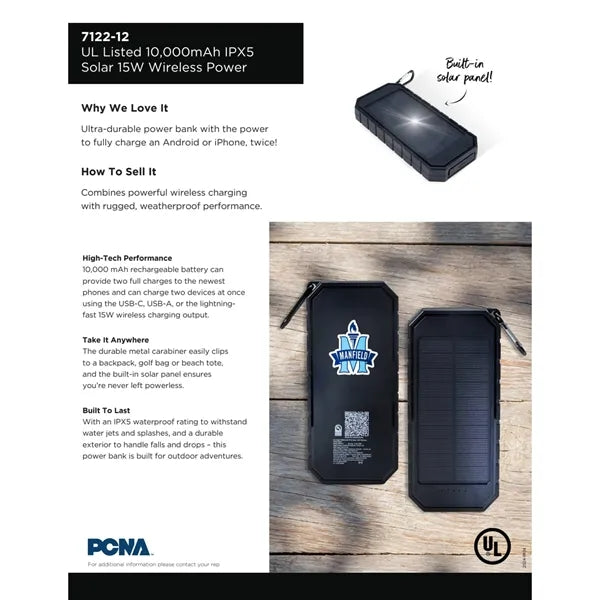 UL Listed 10000 IPX5 Solar 15W Wireless Power Ban