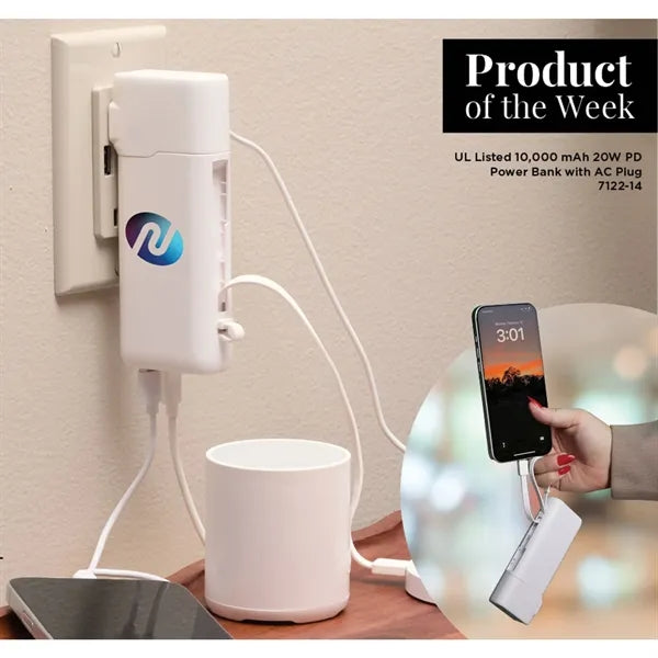 UL Listed 10,000 mAh 20W PD Power Bank with AC Plu