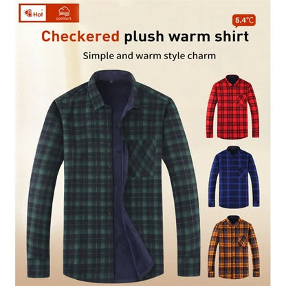 Men's Long Sleeve Winter Warm Plaid Fleece Shirt