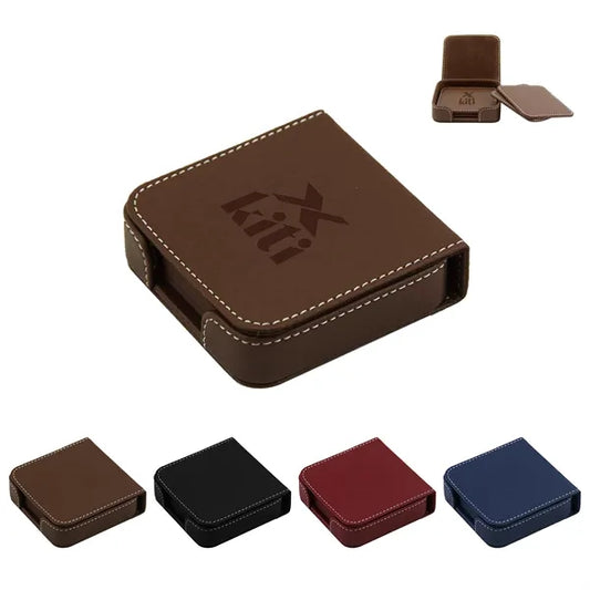 4" Square Leather Coaster Set With Flip Top Holder