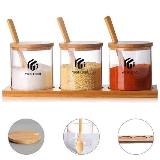 3 pcs bamboo decor kitchen condiment canisters pots set