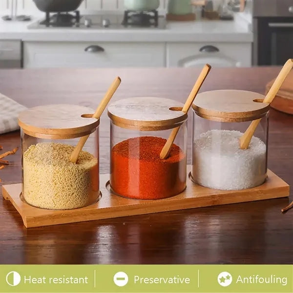3 pcs bamboo decor kitchen condiment canisters pots set