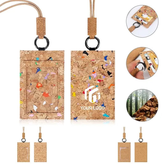 Natural cork 3 card slots ID badge holder with neck lanyard