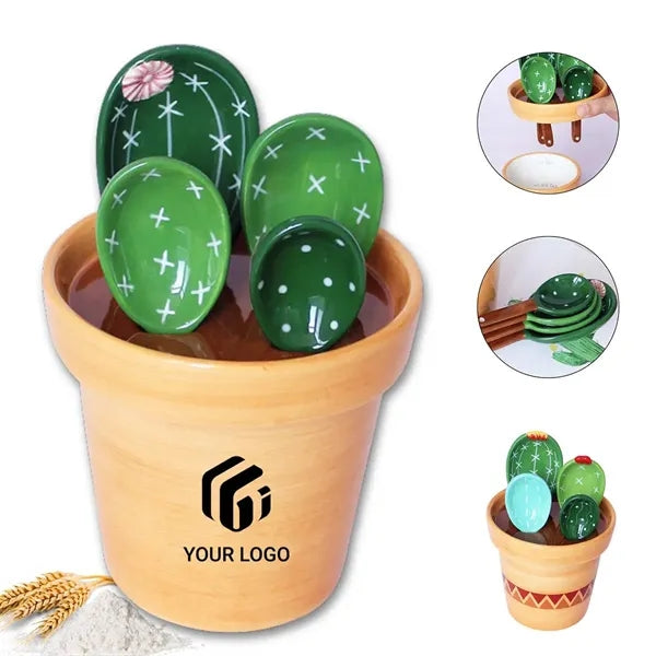 Cute cactus shape 4pcs ceramic measuring spoons with base