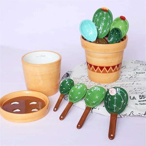 Cute cactus shape 4pcs ceramic measuring spoons with base