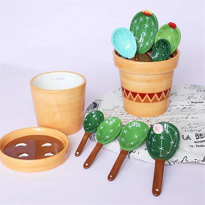 Cute cactus shape 4pcs ceramic measuring spoons with base