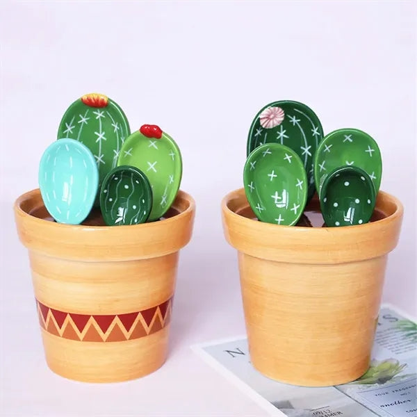 Cute cactus shape 4pcs ceramic measuring spoons with base