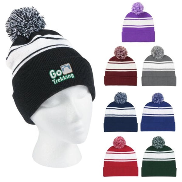 Two-Tone Knit Pom Beanie with Cuff