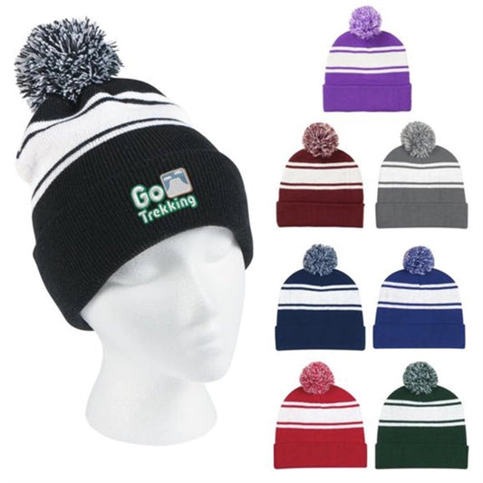 Two-Tone Knit Pom Beanie with Cuff