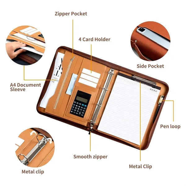 Zippered Padfolio Portfolio Leather Binder Business Folder