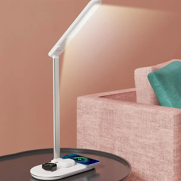 Versatile portable foldable wireless charging LED desk lamp