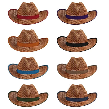 Summer Curved Straw Cowboy Hat With Adjustable Cord