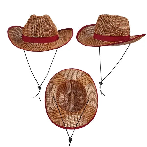 Summer Curved Straw Cowboy Hat With Adjustable Cord