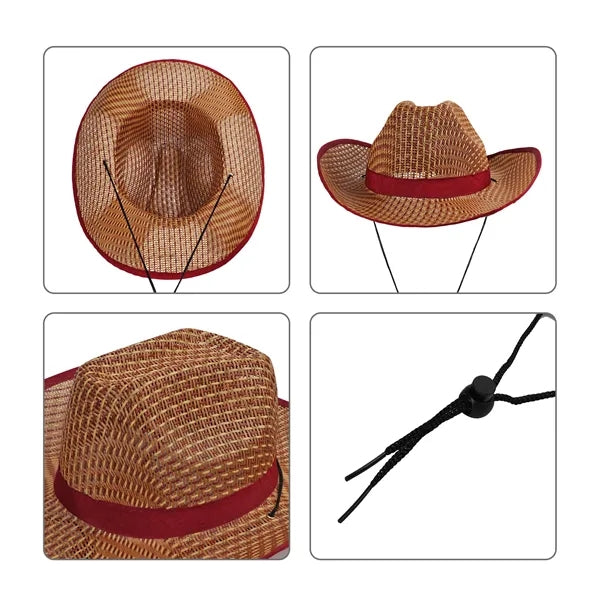 Summer Curved Straw Cowboy Hat With Adjustable Cord