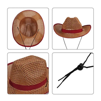 Summer Curved Straw Cowboy Hat With Adjustable Cord