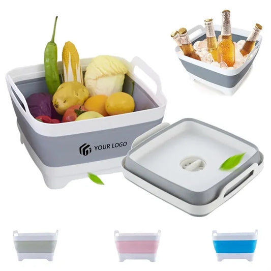 Multiuse collapsible vegetable dish basin with drain plug