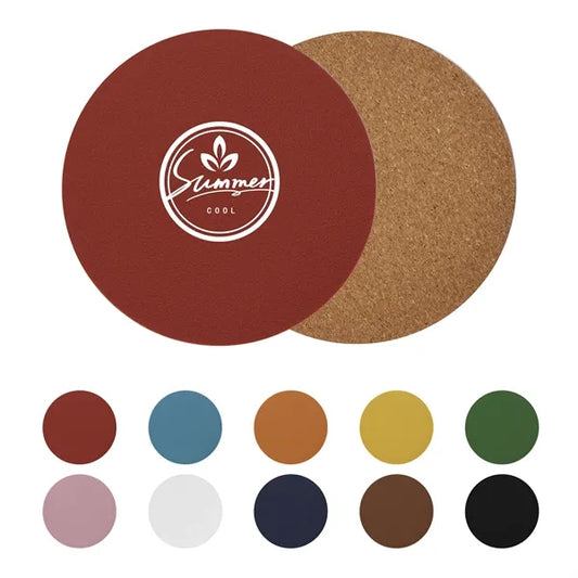 4" Round Cork Coasters W/ Pu Leather Cover