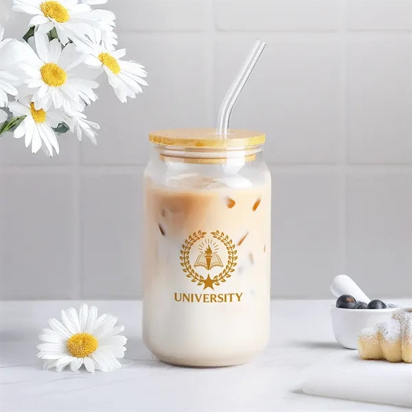 16 oz Glass Can with Bamboo Lid & Straw