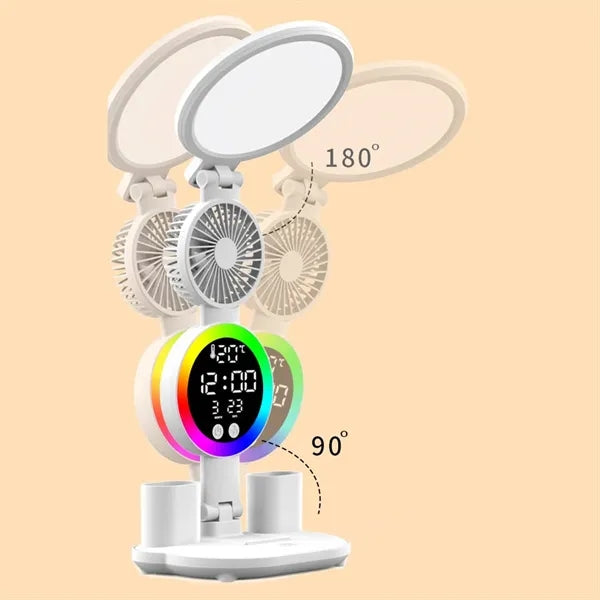 Foldable LED Clock Display Desk Lamp W/ Fan