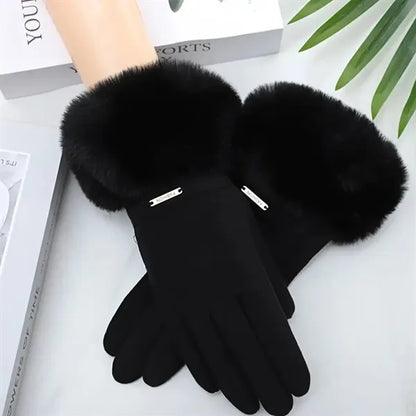 Women Winter Gloves w/ Touch Screen Fingers Faux Fur Cuff