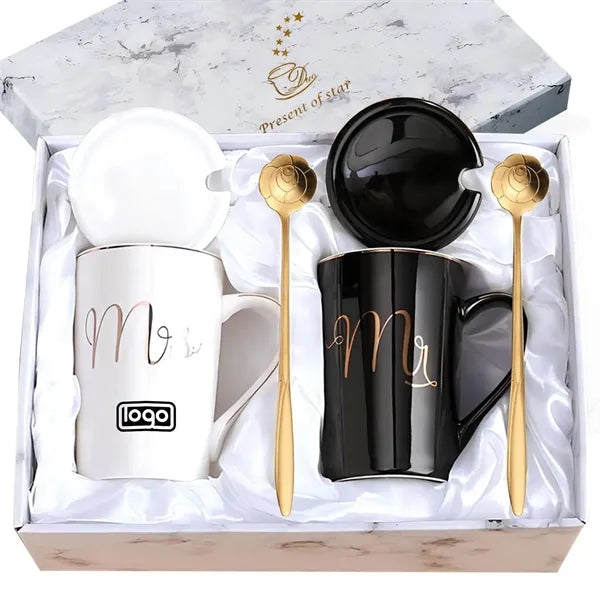 17oz Creative Couple Ceramic Mug Set W/ Lid & Spoon