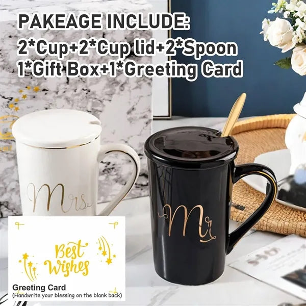 17oz Creative Couple Ceramic Mug Set W/ Lid & Spoon