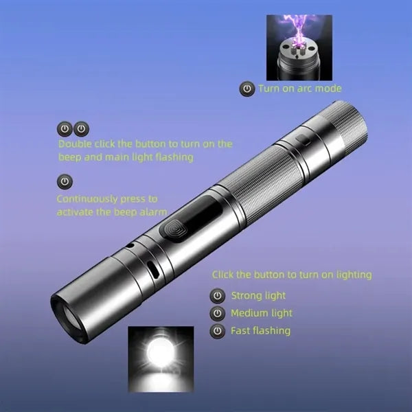 Rechargeable Tactical LED Flashlight w/ Arc Lighter & Alarm