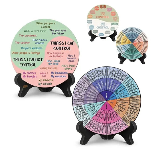2Pcs Wooden Emotion Wheel Desk Display Chart