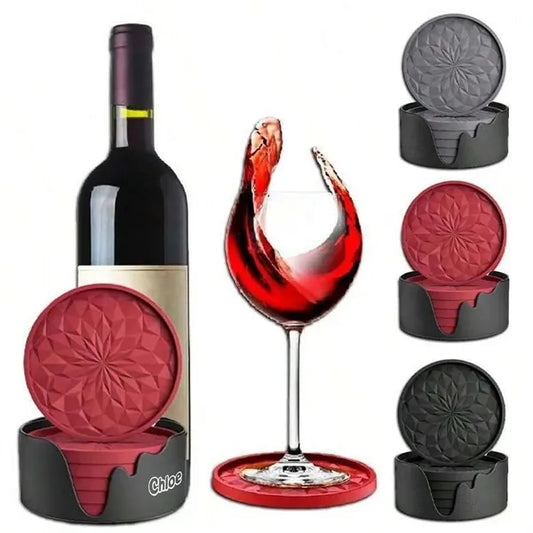 6 Pack Thick Non Slip Silicone Coasters w/ Holder