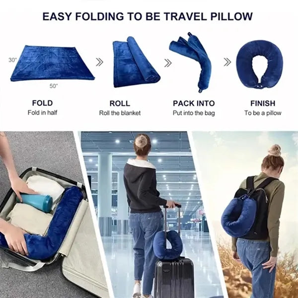 2 in 1 Neck Pillow and Soft Fleece Flight Blanket