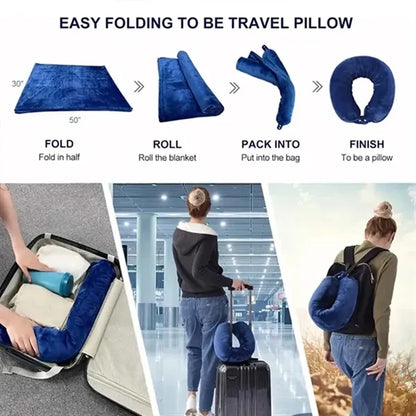 2 in 1 Neck Pillow and Soft Fleece Flight Blanket