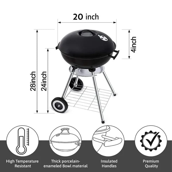 20 Inch Portable Charcoal Porcelain BBQ Grill
