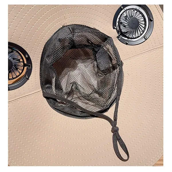 With 2 solar fans and USB charging sun hat