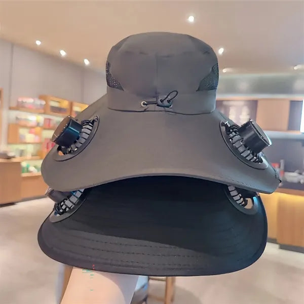 With 2 solar fans and USB charging sun hat