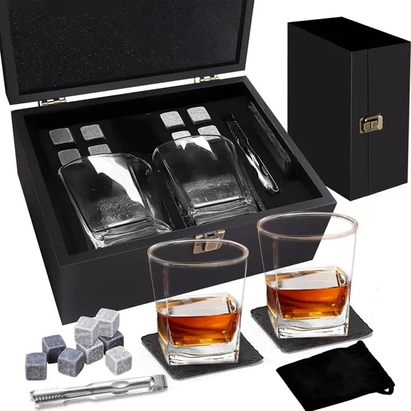 Whiskey Stones Glass Wooden Box Set