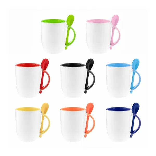 12Oz. Two-Tone Ceramic Mug Set with Integrated Handle Spoon