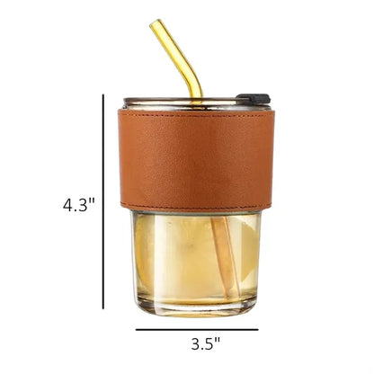 14oz Bamboo Glass Tumbler with Lid Straw and Leather Sleeve