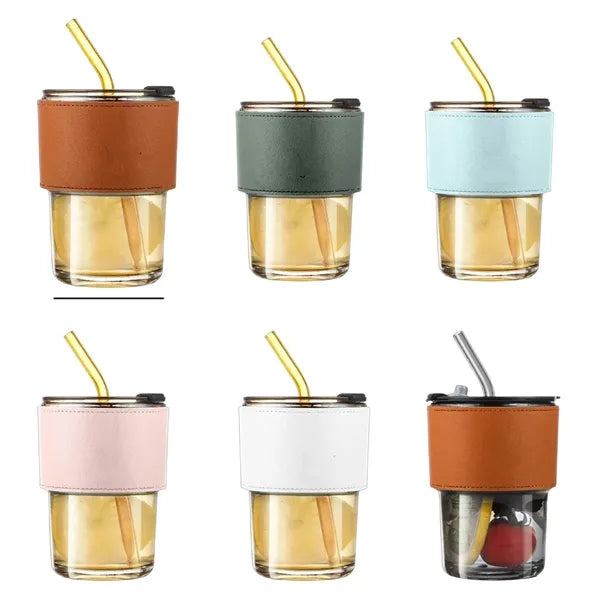 14oz Bamboo Glass Tumbler with Lid Straw and Leather Sleeve