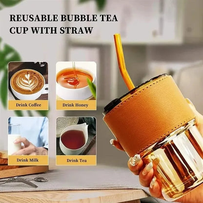 14oz Bamboo Glass Tumbler with Lid Straw and Leather Sleeve