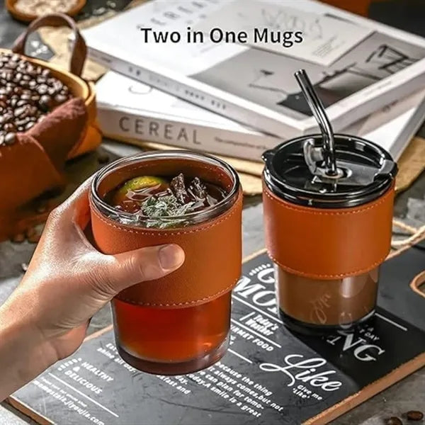 14oz Bamboo Glass Tumbler with Lid Straw and Leather Sleeve