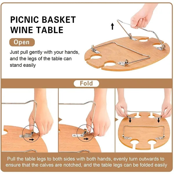 Round portable picnic basket for knife and fork table