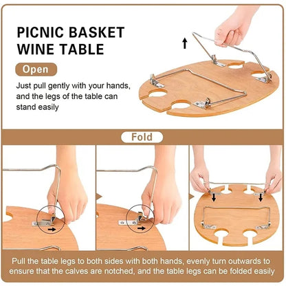 Round portable picnic basket for knife and fork table